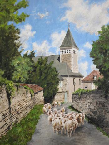 Sheep on Rue du Donjon in Le Blanc, Oil painting