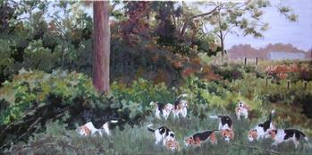 Beagles hunting rabbits painting