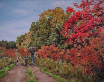Fall landscape, walking a beagle